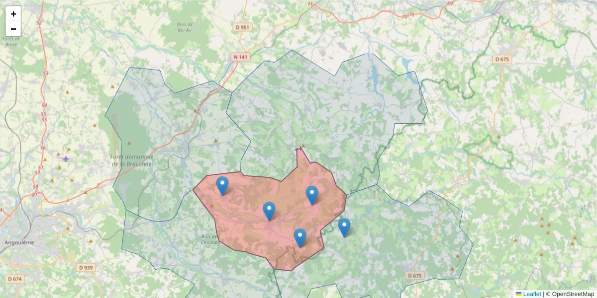 Carte de la zone du code postal  et des codes postaux voisins en France