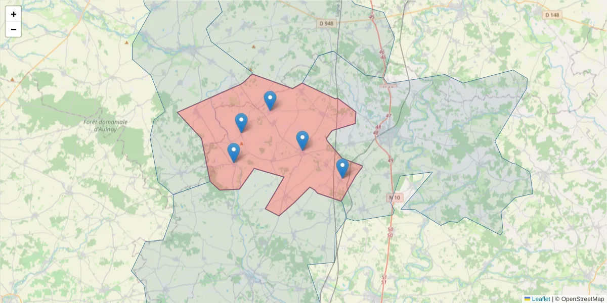 Carte de la zone du code postal  et des codes postaux voisins en France