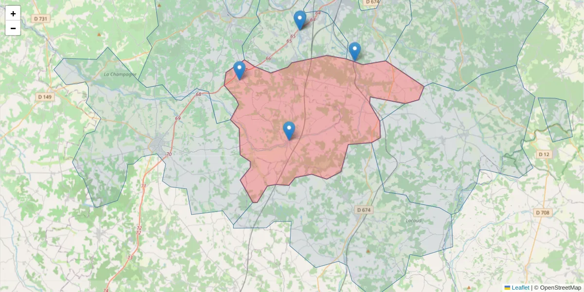 Carte de la zone du code postal  et des codes postaux voisins en France