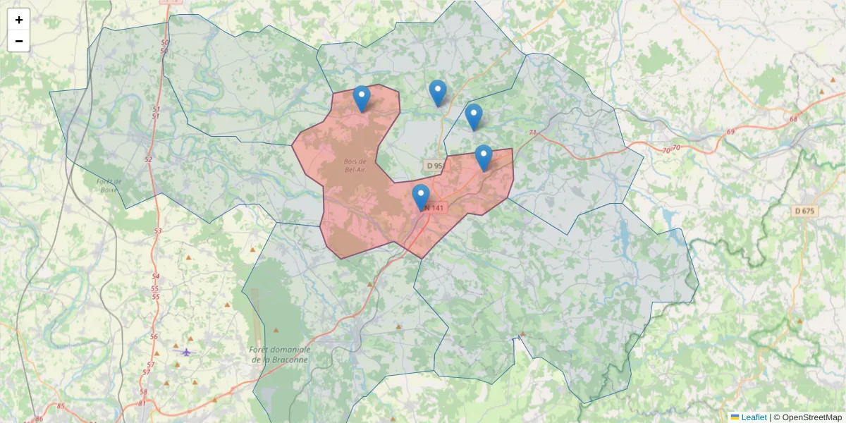 Carte de la zone du code postal  et des codes postaux voisins en France
