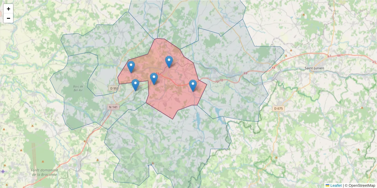 Carte de la zone du code postal  et des codes postaux voisins en France
