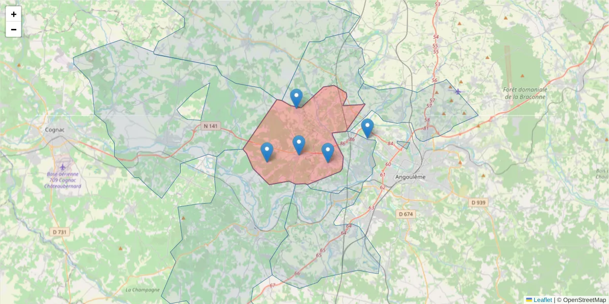 Carte de la zone du code postal  et des codes postaux voisins en France