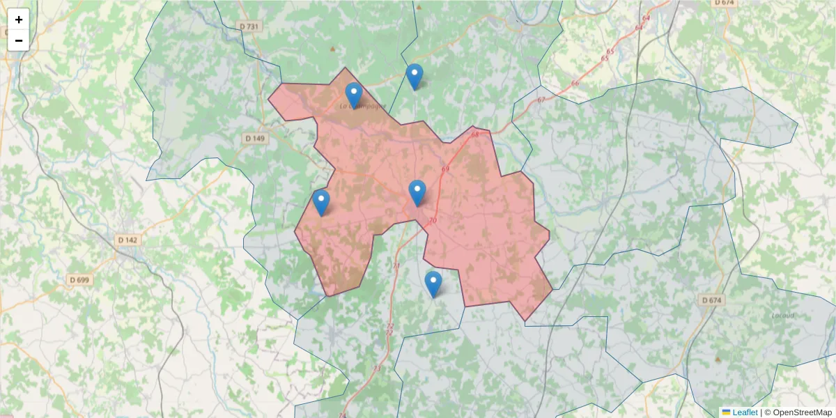 Carte de la zone du code postal  et des codes postaux voisins en France