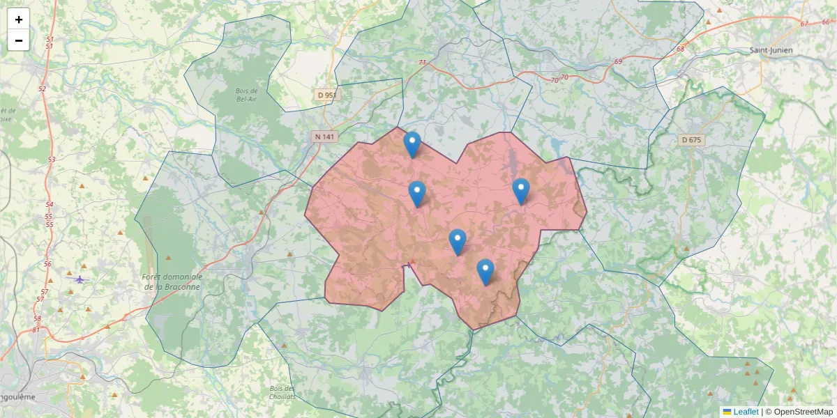 Carte de la zone du code postal  et des codes postaux voisins en France