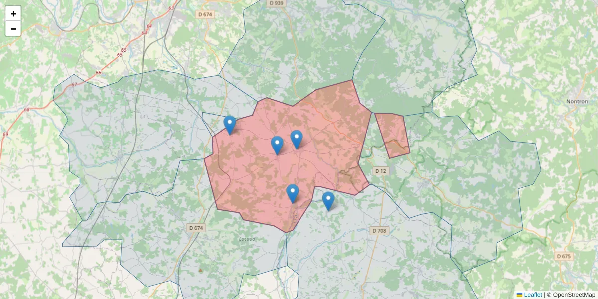 Carte de la zone du code postal  et des codes postaux voisins en France