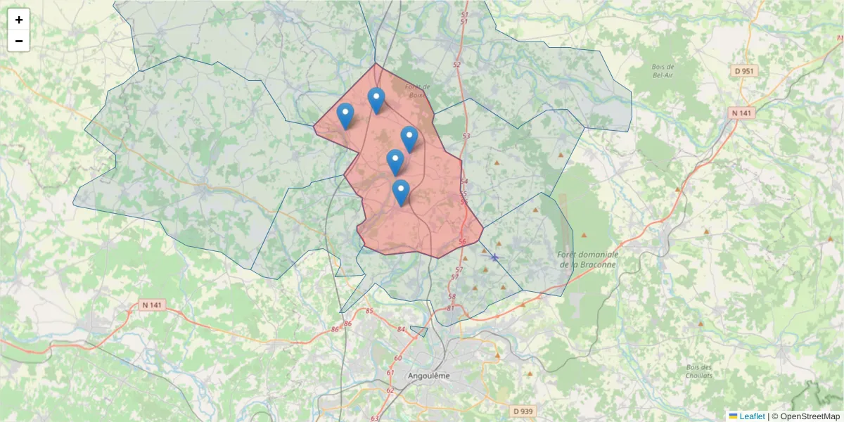 Carte de la zone du code postal  et des codes postaux voisins en France