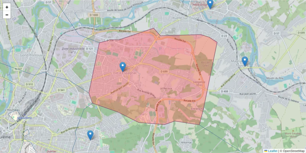Carte de la zone du code postal  et des codes postaux voisins en France