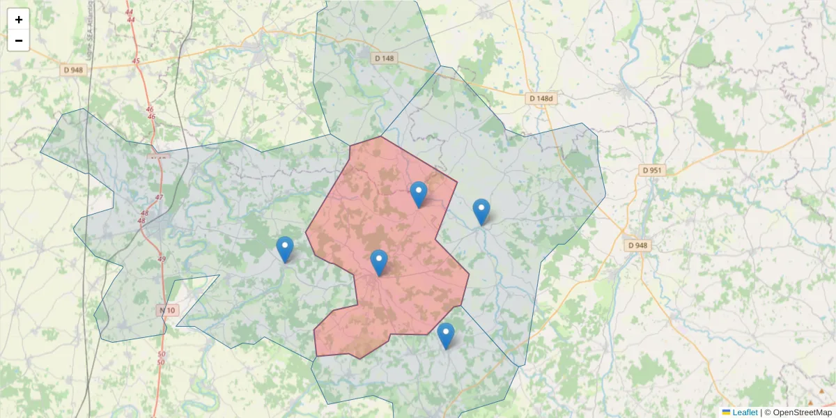 Carte de la zone du code postal  et des codes postaux voisins en France