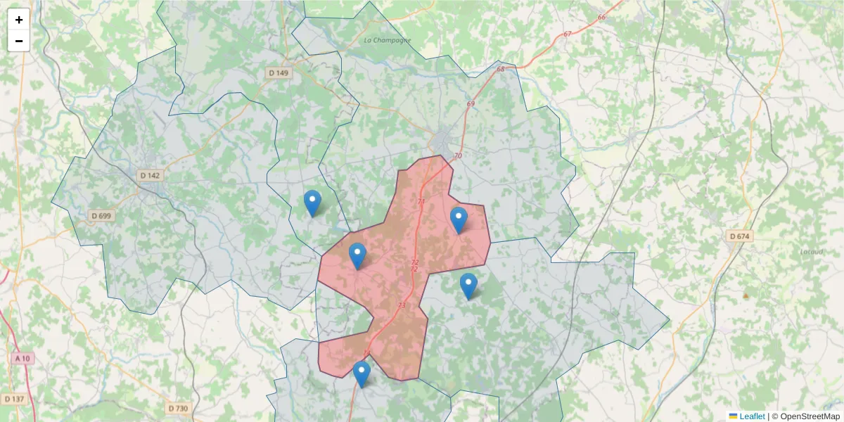 Carte de la zone du code postal  et des codes postaux voisins en France