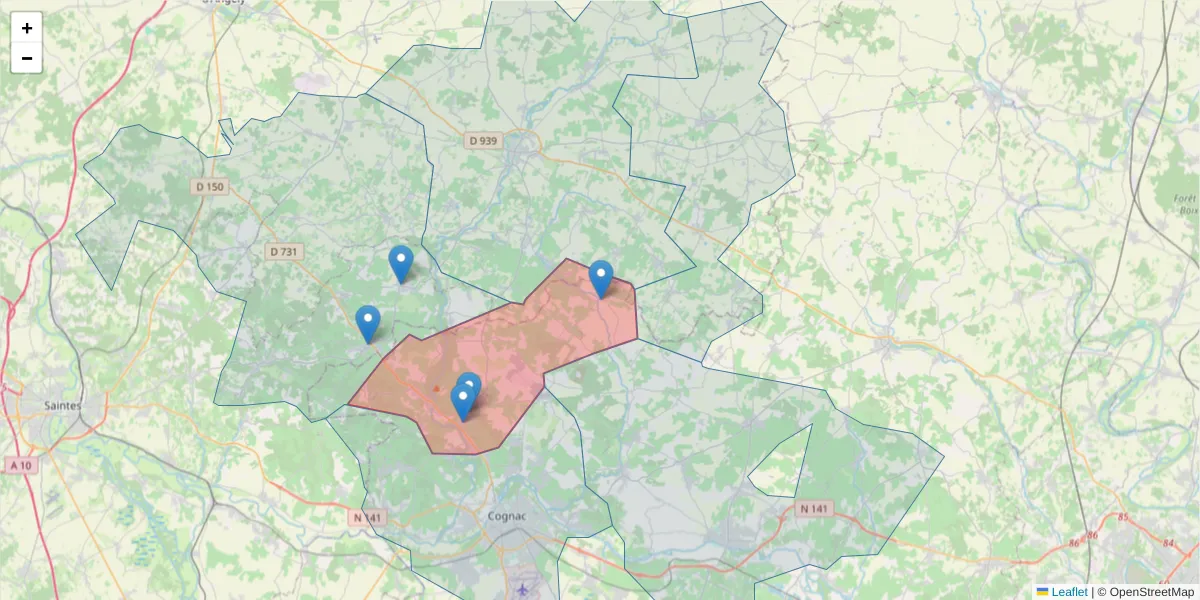 Carte de la zone du code postal  et des codes postaux voisins en France