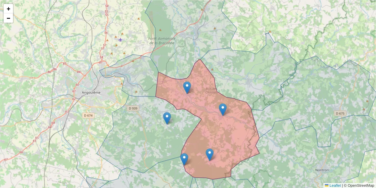 Carte de la zone du code postal  et des codes postaux voisins en France