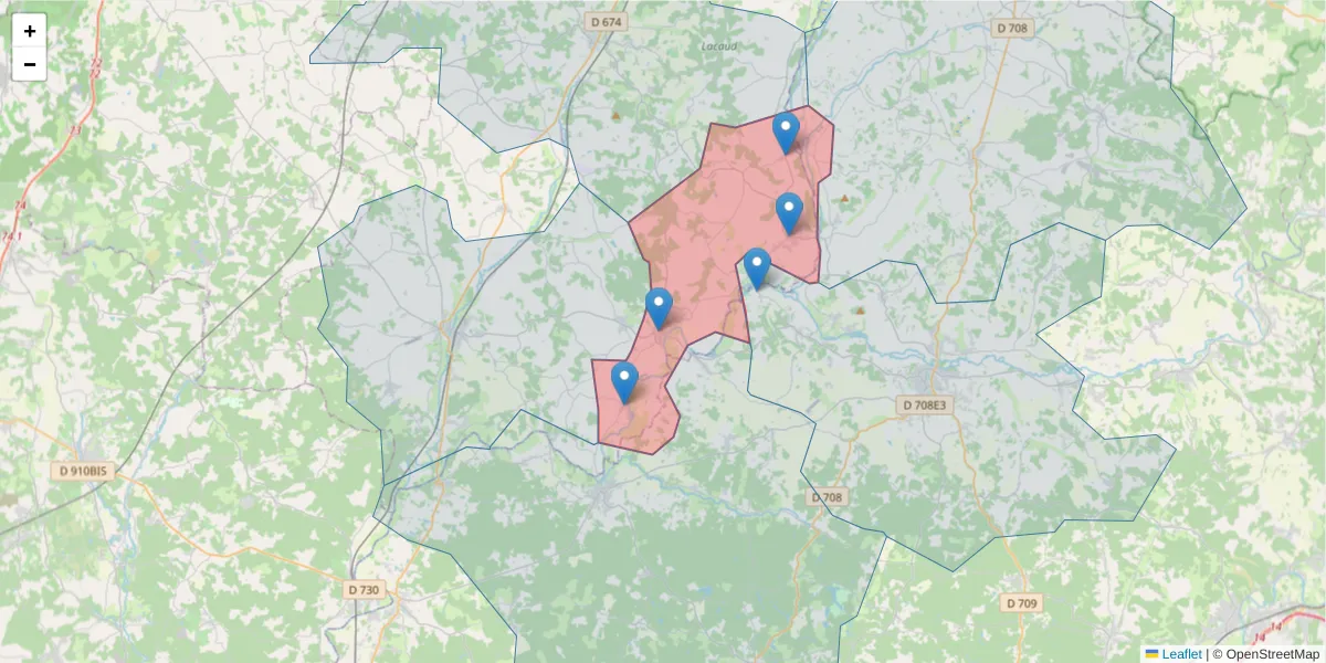 Carte de la zone du code postal  et des codes postaux voisins en France