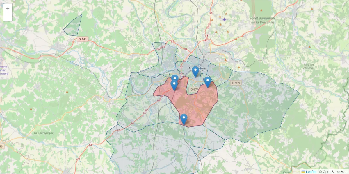 Carte de la zone du code postal  et des codes postaux voisins en France