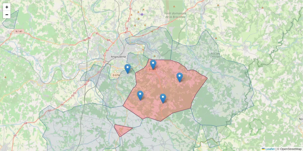 Carte de la zone du code postal  et des codes postaux voisins en France