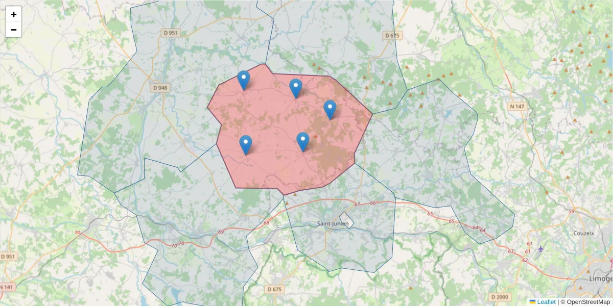 Carte de la zone du code postal  et des codes postaux voisins en France