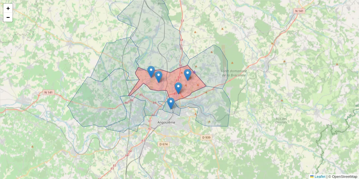 Carte de la zone du code postal  et des codes postaux voisins en France