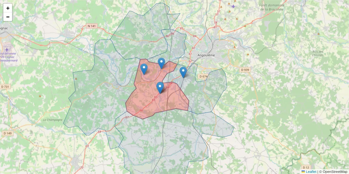 Carte de la zone du code postal  et des codes postaux voisins en France