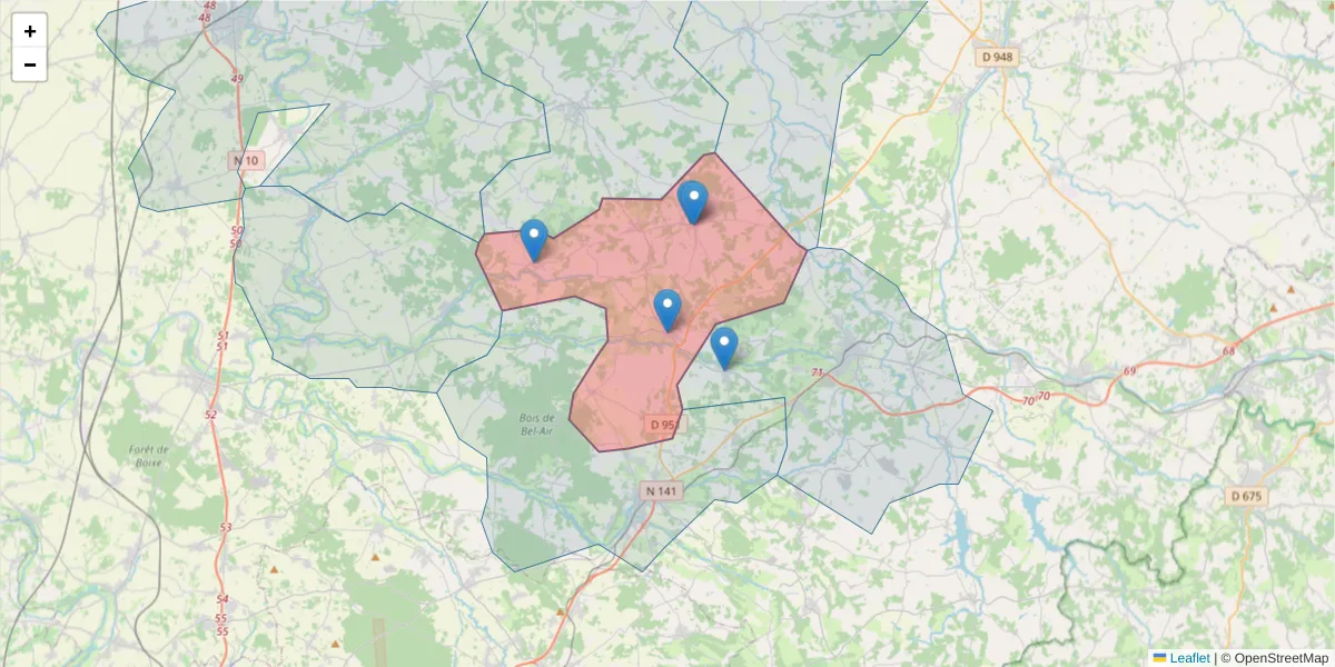 Carte de la zone du code postal  et des codes postaux voisins en France