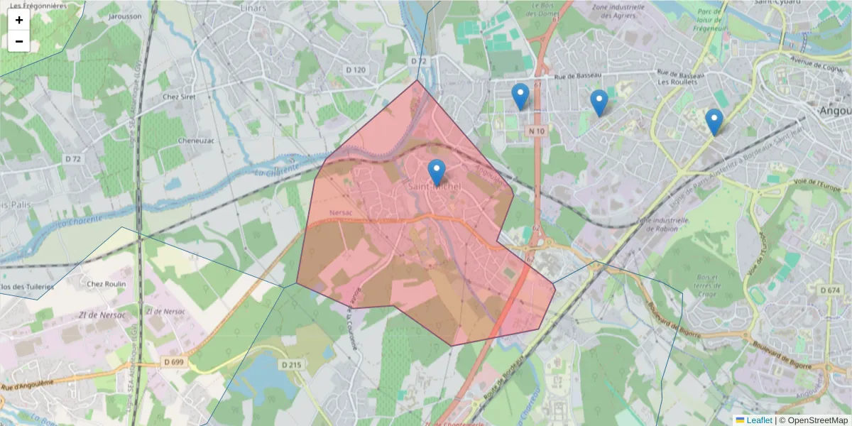 Carte de la zone du code postal  et des codes postaux voisins en France