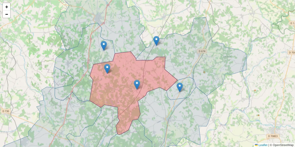 Carte de la zone du code postal  et des codes postaux voisins en France