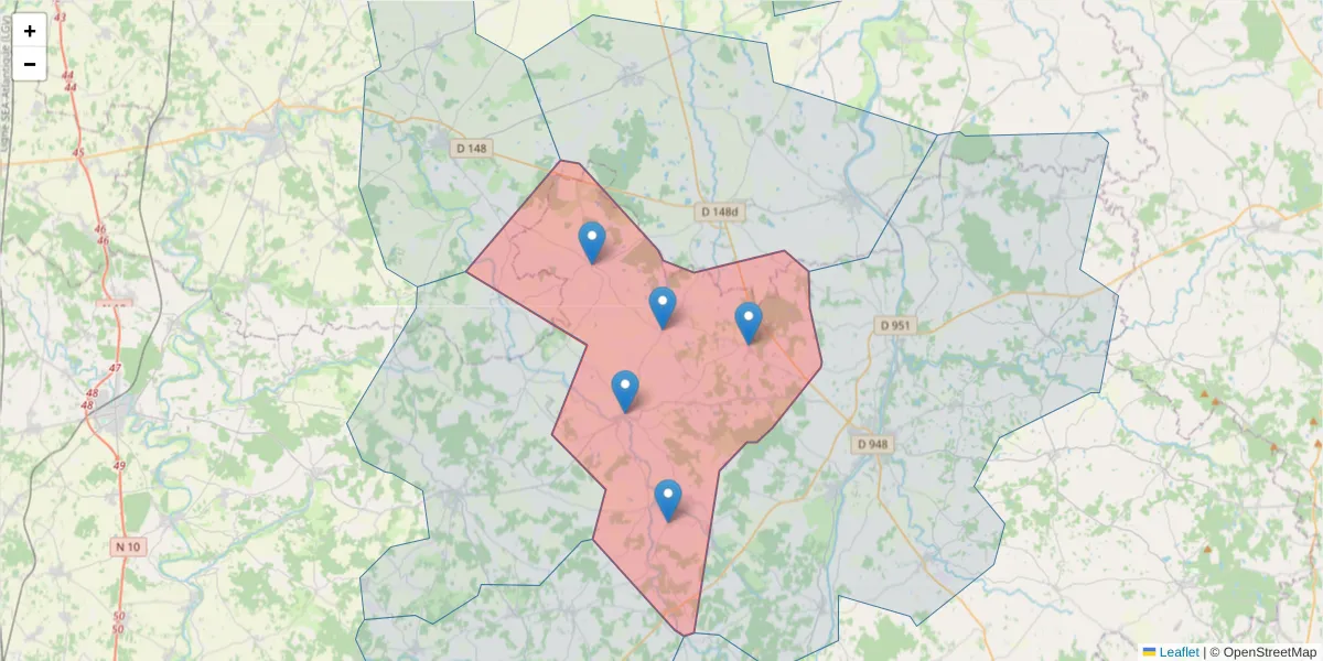 Carte de la zone du code postal  et des codes postaux voisins en France