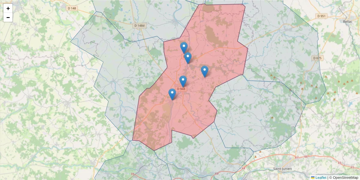 Carte de la zone du code postal  et des codes postaux voisins en France