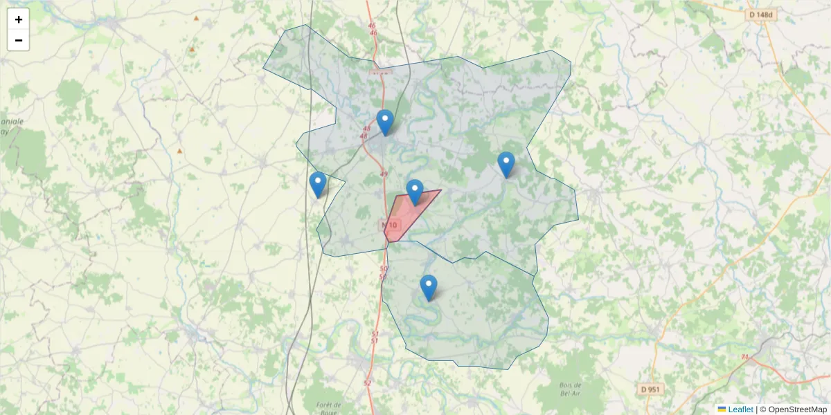 Carte de la zone du code postal  et des codes postaux voisins en France