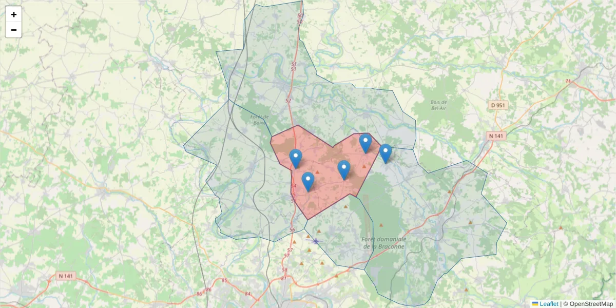 Carte de la zone du code postal  et des codes postaux voisins en France