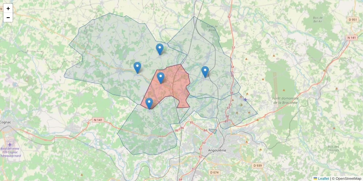 Carte de la zone du code postal  et des codes postaux voisins en France