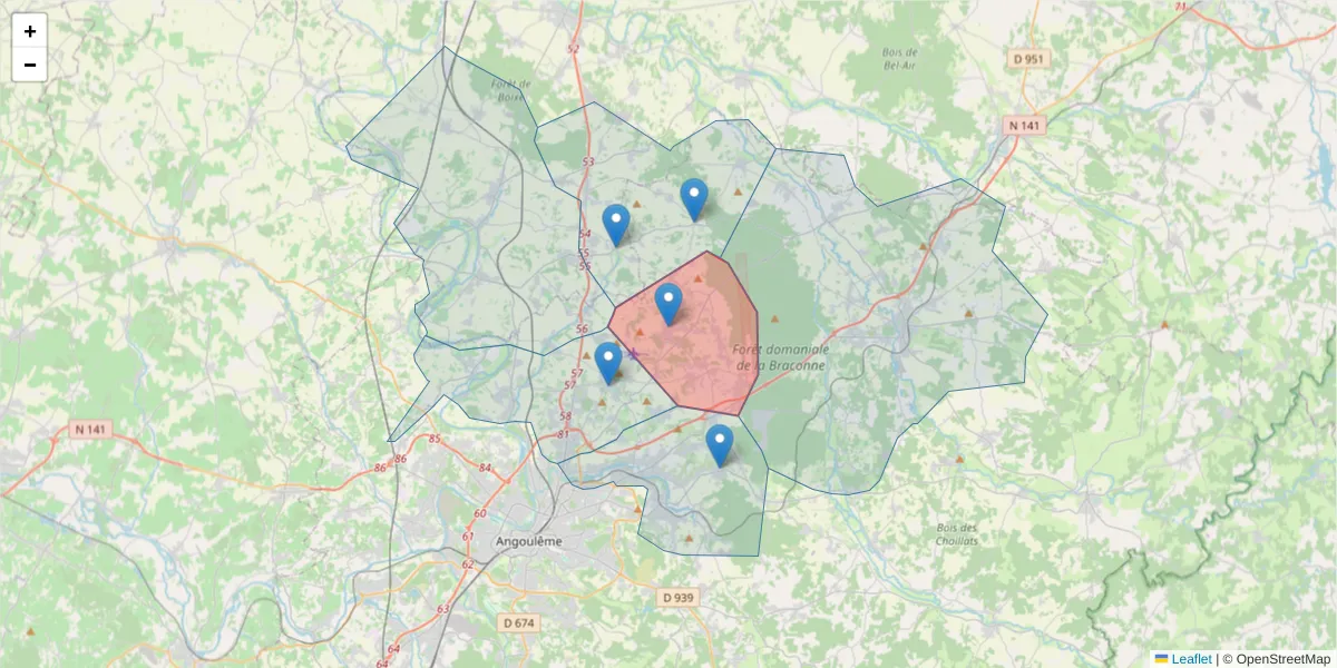 Carte de la zone du code postal  et des codes postaux voisins en France