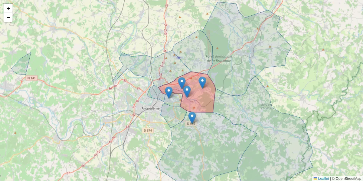 Carte de la zone du code postal  et des codes postaux voisins en France