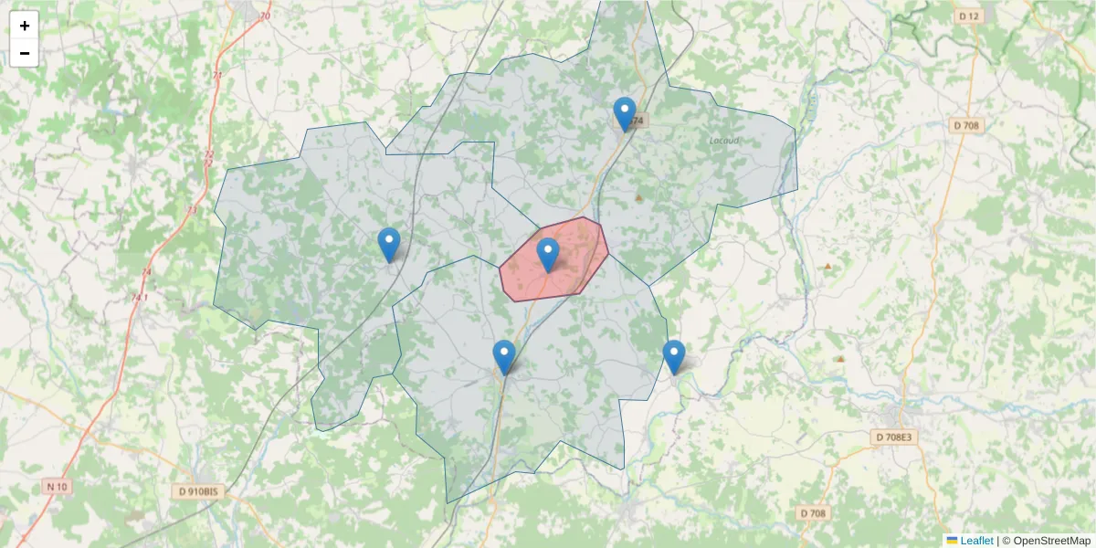 Carte de la zone du code postal  et des codes postaux voisins en France