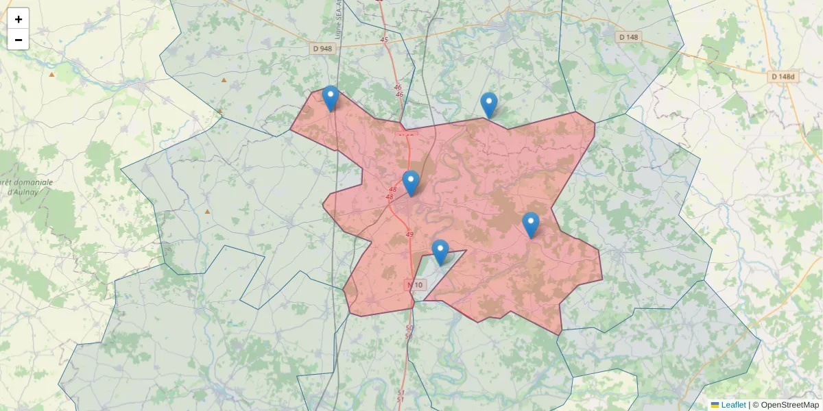 Carte de la zone du code postal  et des codes postaux voisins en France