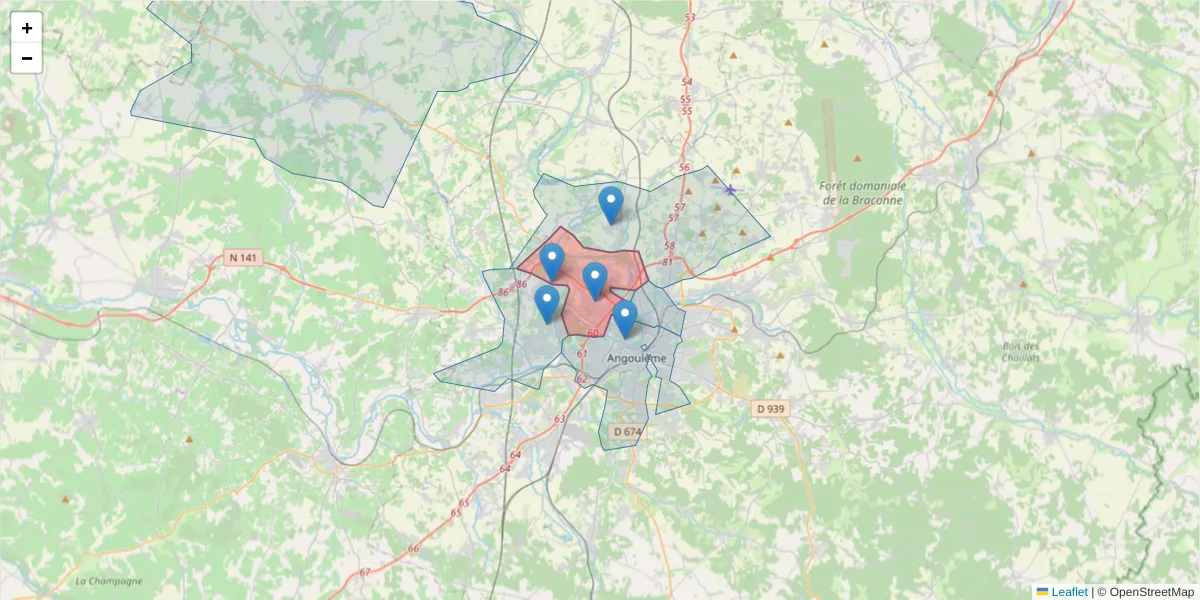 Carte de la zone du code postal  et des codes postaux voisins en France
