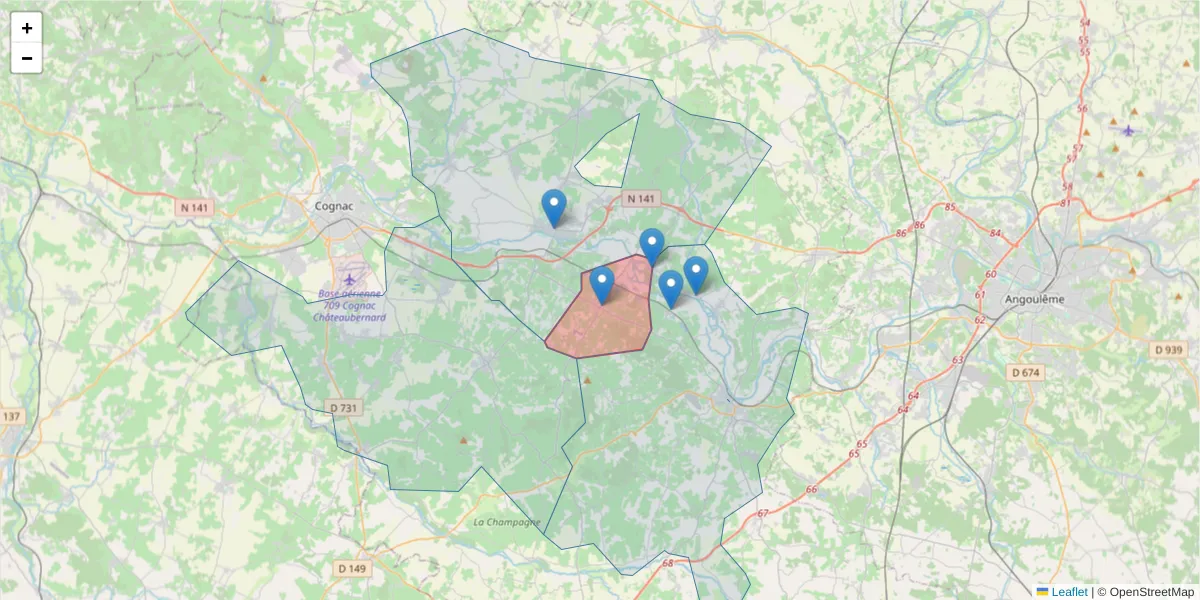 Carte de la zone du code postal  et des codes postaux voisins en France
