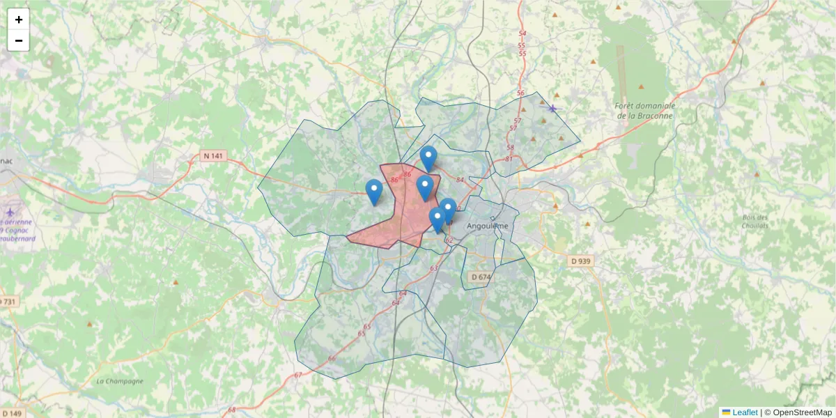Carte de la zone du code postal  et des codes postaux voisins en France