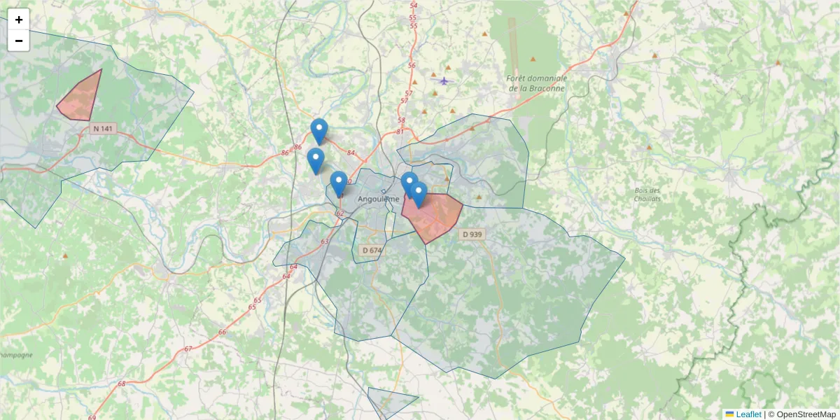 Carte de la zone du code postal  et des codes postaux voisins en France