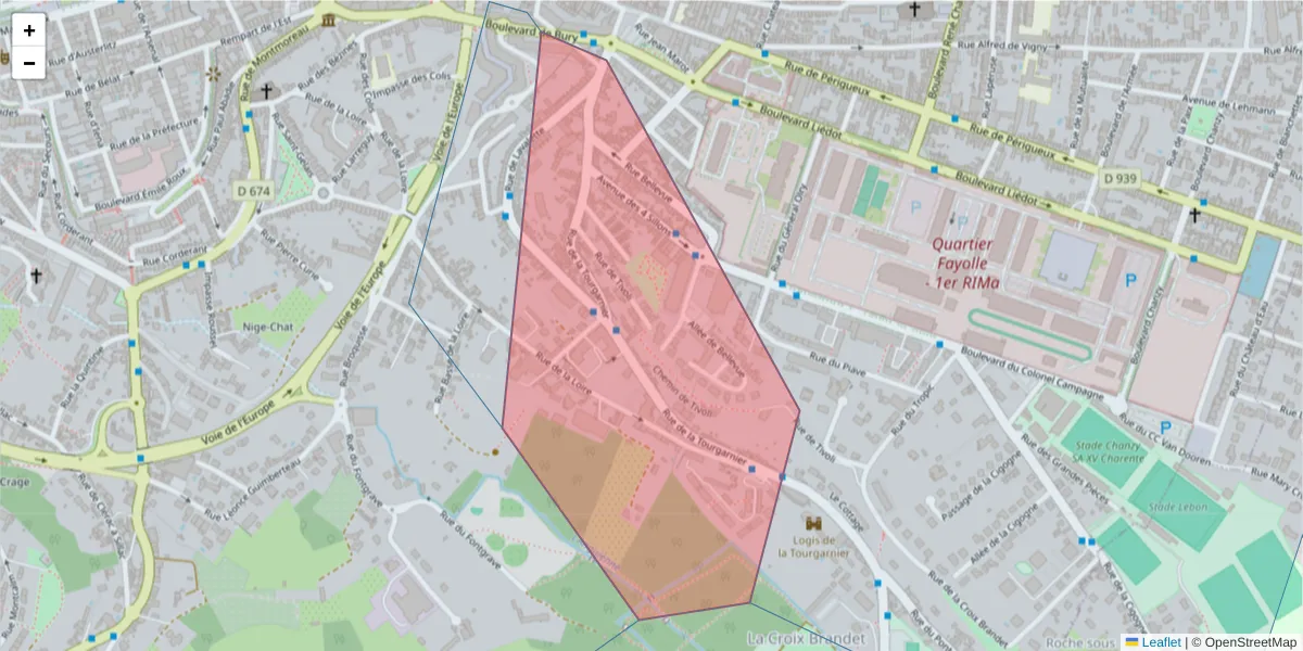 Carte de la zone du code postal  et des codes postaux voisins en France