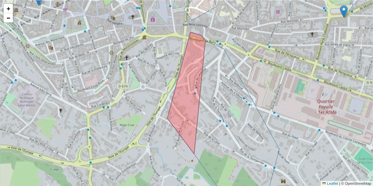 Carte de la zone du code postal  et des codes postaux voisins en France