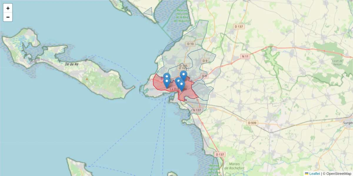 Carte de la zone du code postal  et des codes postaux voisins en France