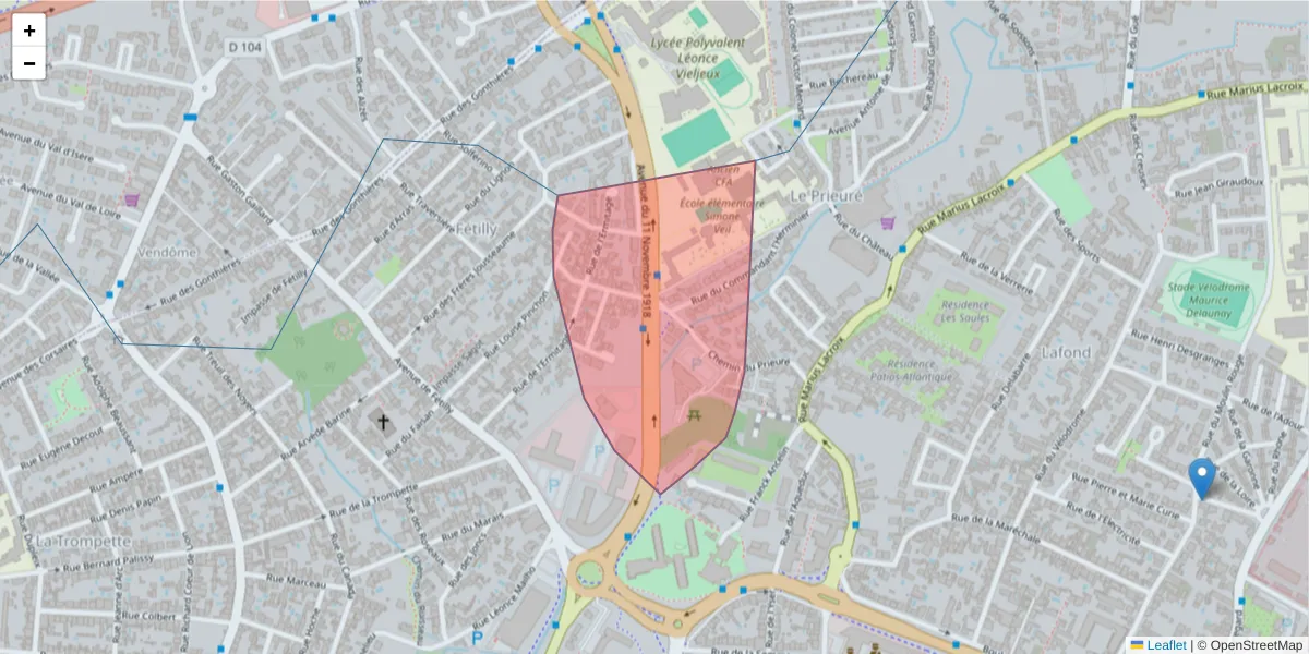 Carte de la zone du code postal  et des codes postaux voisins en France
