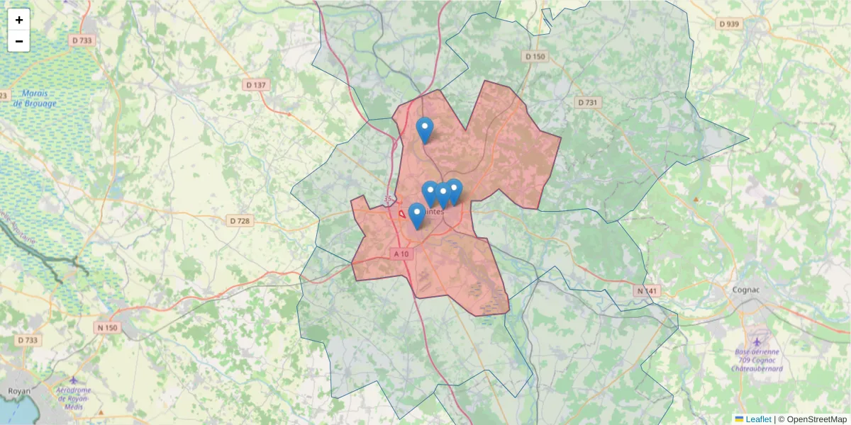 Carte de la zone du code postal  et des codes postaux voisins en France