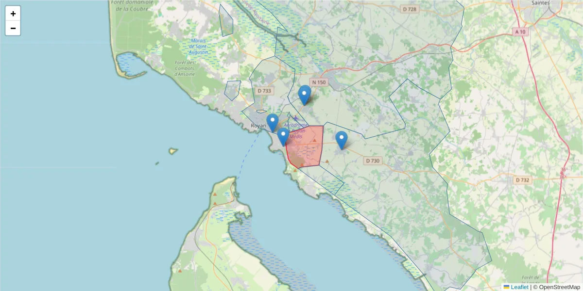 Carte de la zone du code postal  et des codes postaux voisins en France