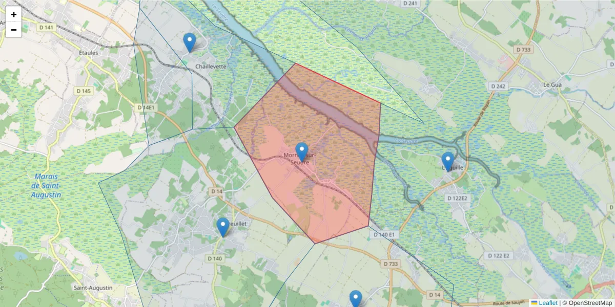 Carte de la zone du code postal  et des codes postaux voisins en France