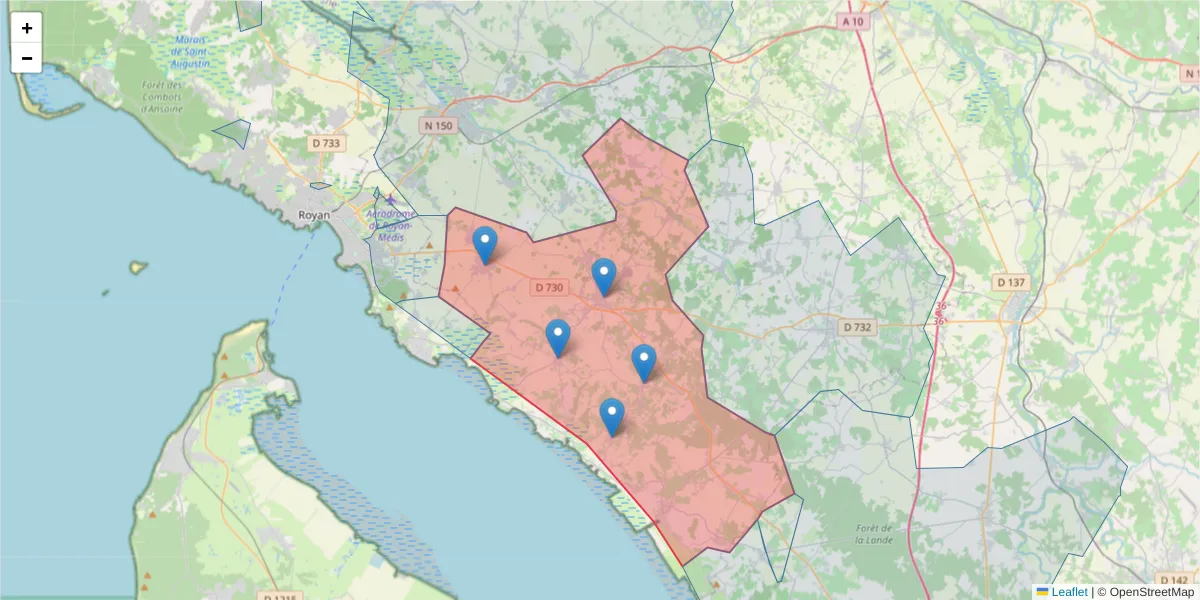 Carte de la zone du code postal  et des codes postaux voisins en France