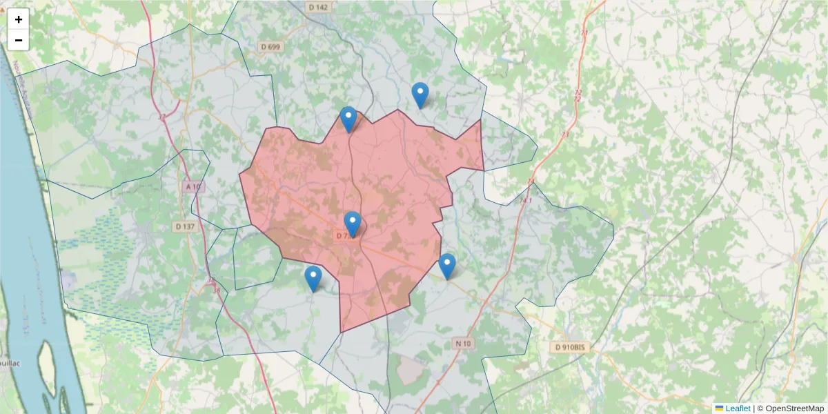Carte de la zone du code postal  et des codes postaux voisins en France