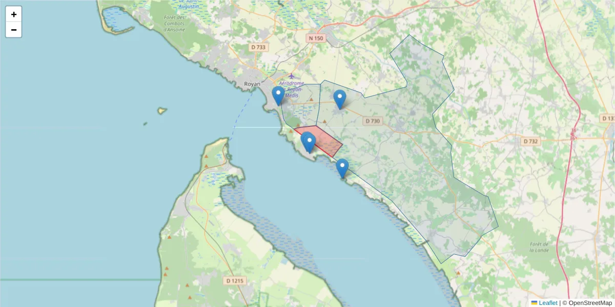 Carte de la zone du code postal  et des codes postaux voisins en France