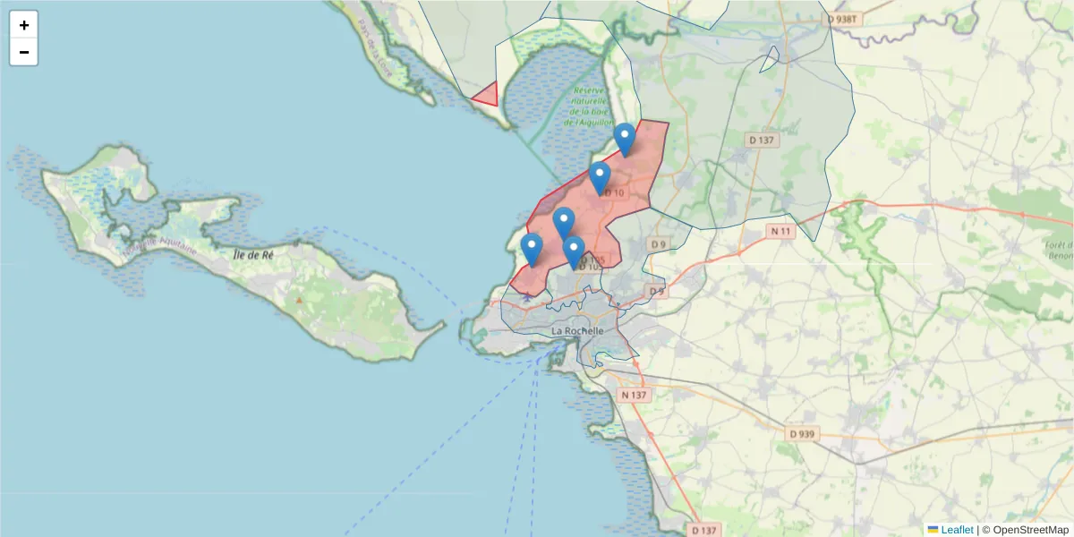 Carte de la zone du code postal  et des codes postaux voisins en France