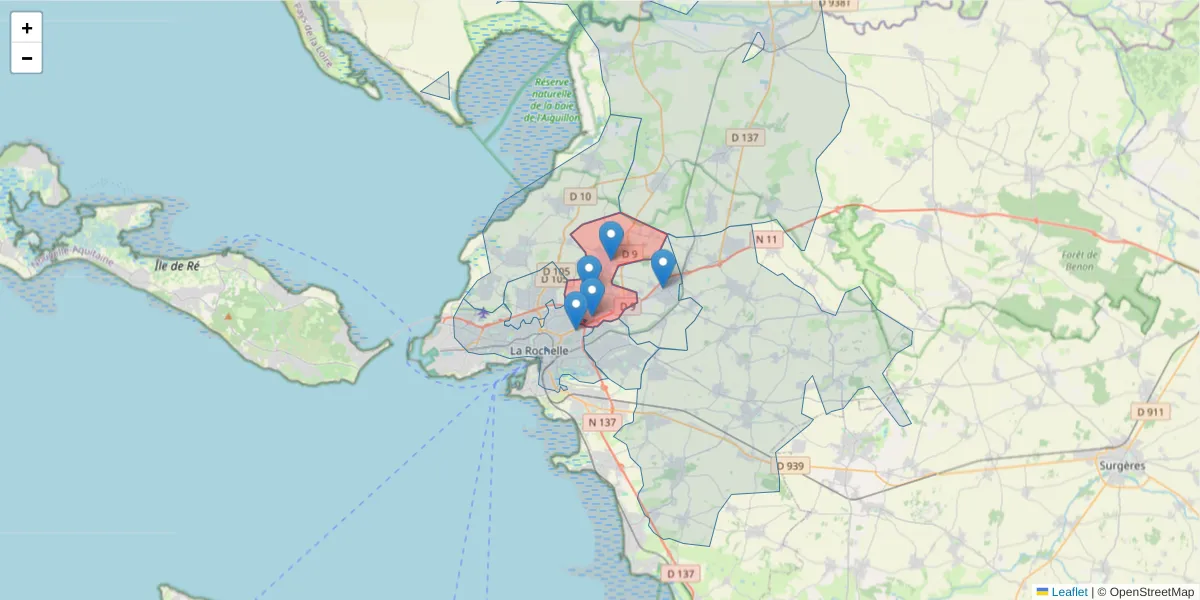 Carte de la zone du code postal  et des codes postaux voisins en France
