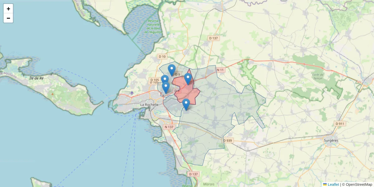 Carte de la zone du code postal  et des codes postaux voisins en France